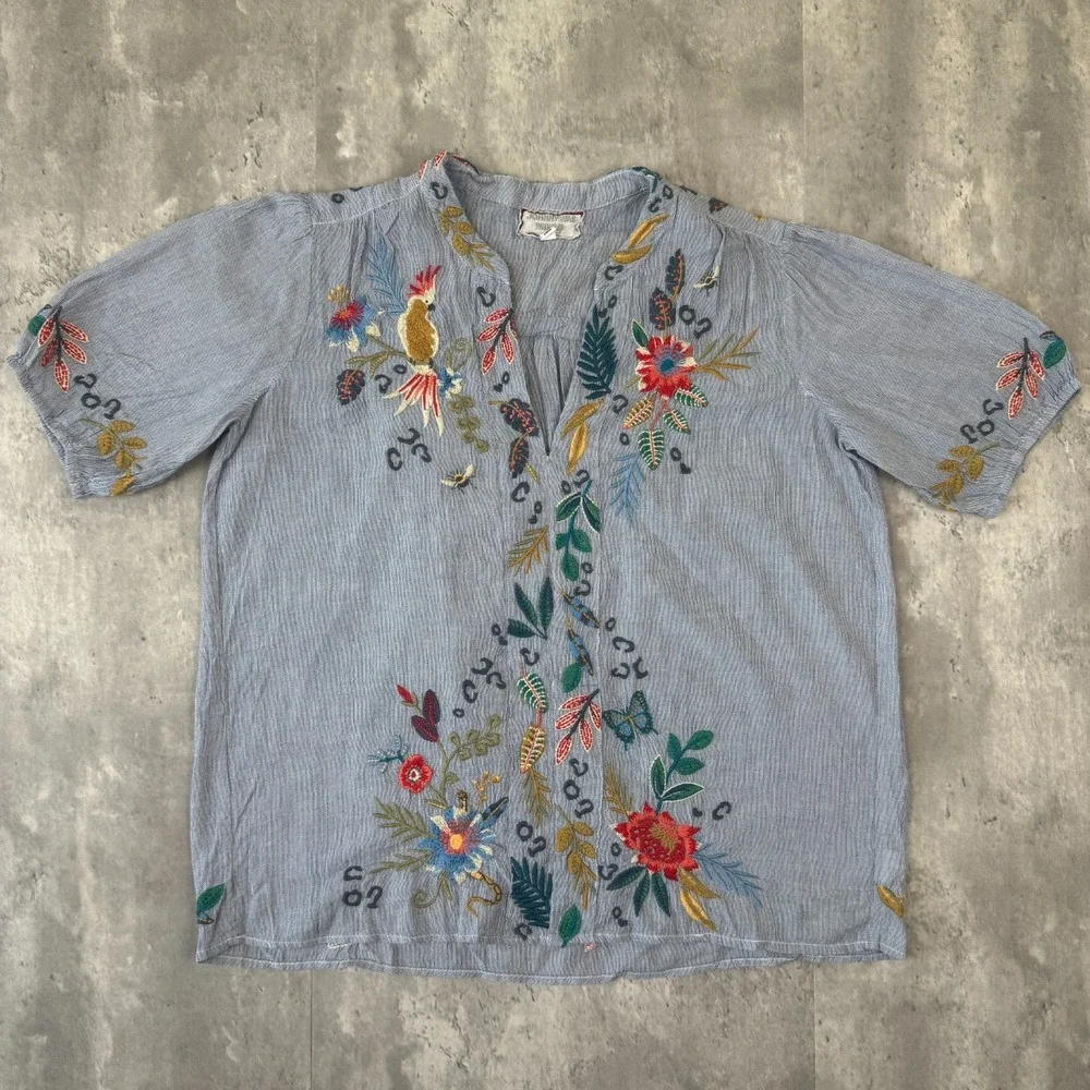 Johnny Was Indraa Puff Sleeve Blouse Women's XS Blue Stripe Embroidered W19221-2